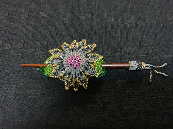 Bead work flower hair ornament with stick