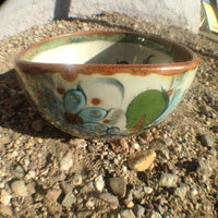 Ken Edwards stoneware Pottery bowl with  green, two shades of blue and brown flowers, birds, and butterflies decorated on the side or inside on bowls or plates