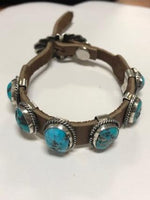 Navajo Handcrafted Sterling Silver and Kingman Turquoise leather bracelet.  NLB  9.5"